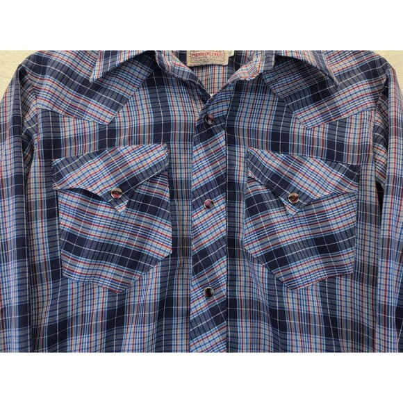 VTG H Bar C 14.5-33 Ranchwear Long Tail Pearl Snap Blue Plaid Shirt Western 70s - Picture 9 of 14